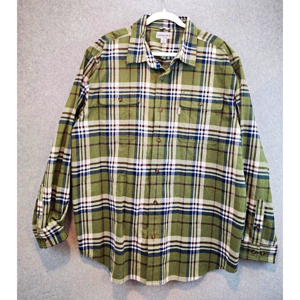 Carhartt Men's XL Regular Green Cotton Flannel Plaid Button-Up Shirt Pockets